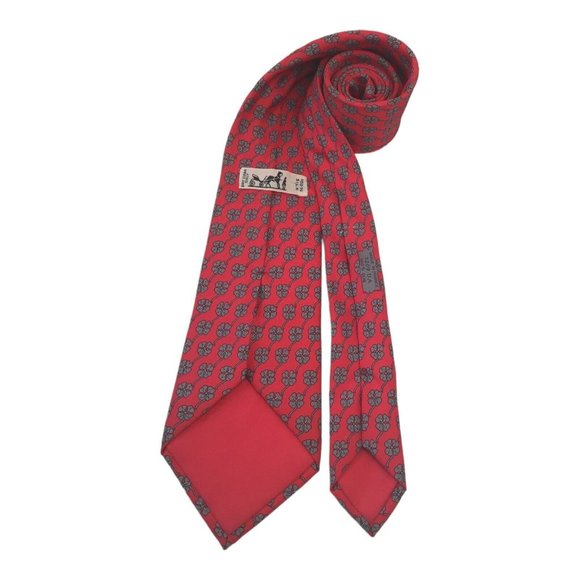 HERMES PARIS Red Floral Print Silk Tie Made In France 58"/ 3".1/4 EX COND - Picture 3 of 7